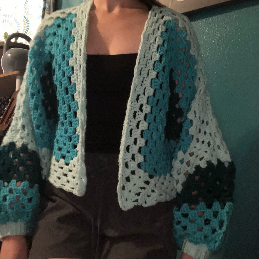 Size Med Dark Blue And Teal Crochet Cardigan, Handmade, Cropped Oversized